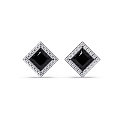1.5 CTW Princess halo colorstone stud earrings in White gold with Onyx center stones