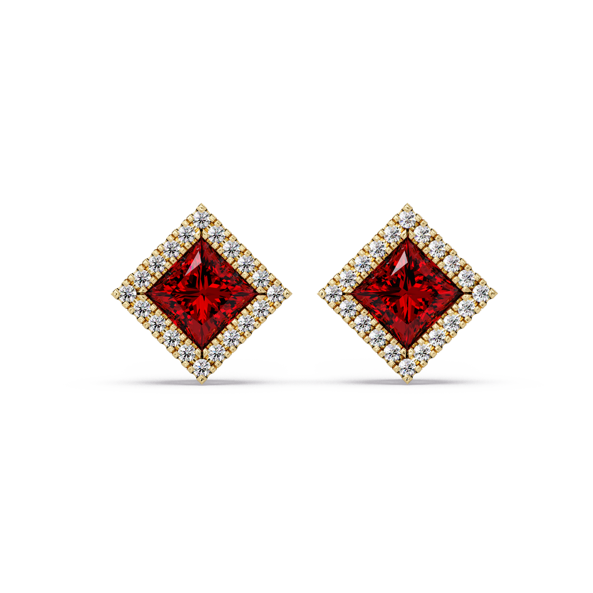 1.5 CTW Princess halo colorstone stud earrings in Gold with Ruby Red center stones