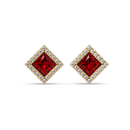 1.5 CTW Princess halo colorstone stud earrings in Gold with Ruby Red center stones
