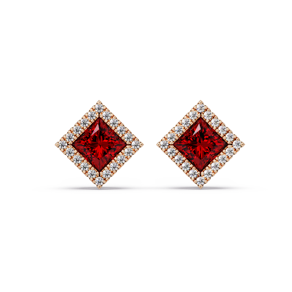 1.5 CTW Princess halo colorstone stud earrings in Rose gold with Ruby Red center stones