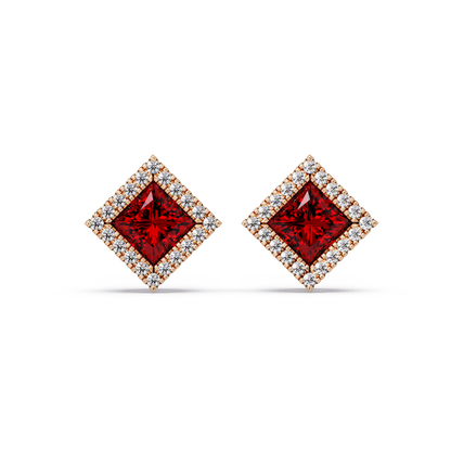 1.5 CTW Princess halo colorstone stud earrings in Rose gold with Ruby Red center stones