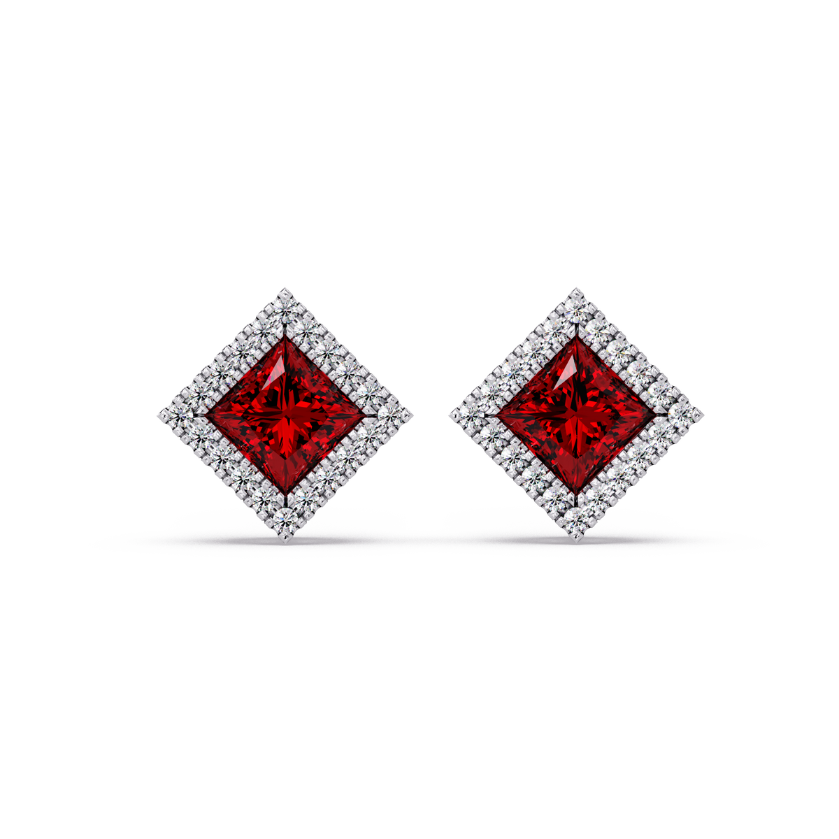 1.5 CTW Princess halo colorstone stud earrings in White gold with Ruby Red center stones