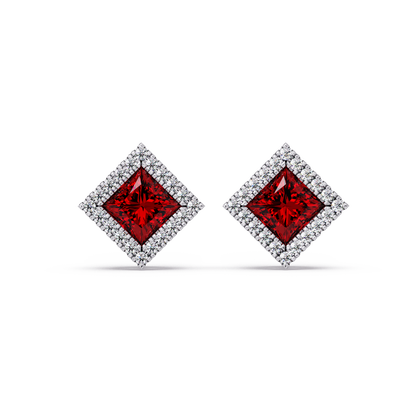 1.5 CTW Princess halo colorstone stud earrings in White gold with Ruby Red center stones