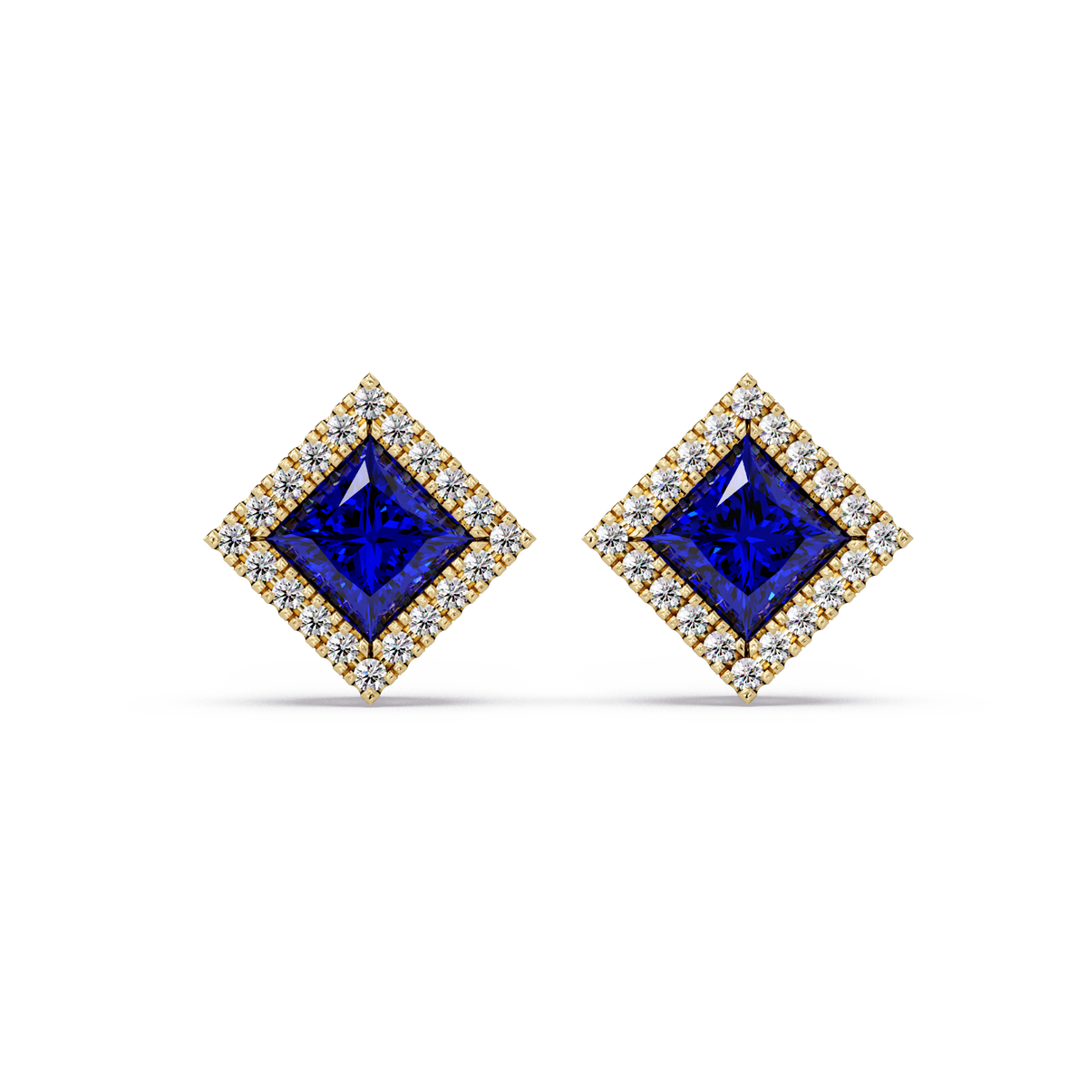 1.5 CTW Princess halo colorstone stud earrings in Gold with Sapphire Blue center stones
