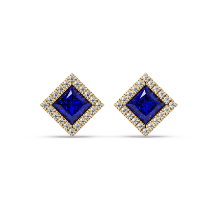 1.5 CTW Princess halo colorstone stud earrings in Gold with Sapphire Blue center stones