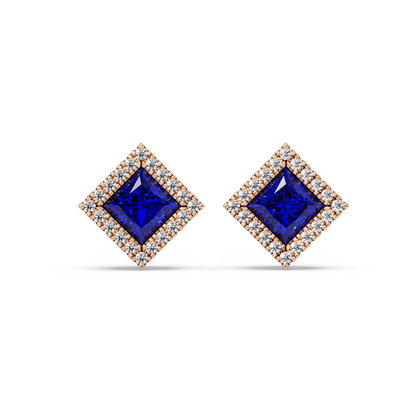 1.5 CTW Princess halo colorstone stud earrings in Rose gold with Sapphire Blue center stones