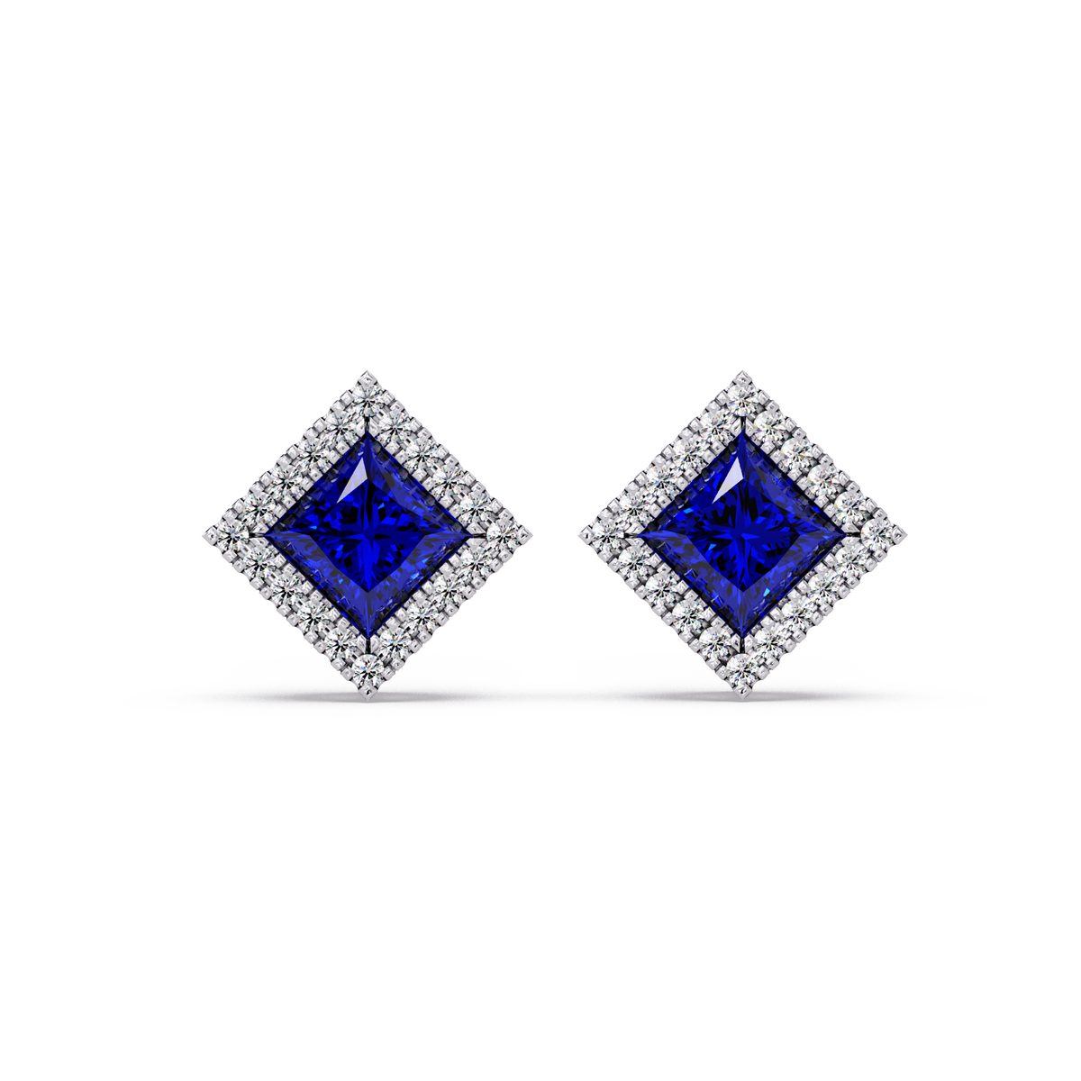 1.5 CTW Princess halo colorstone stud earrings in White gold with Sapphire Blue center stones
