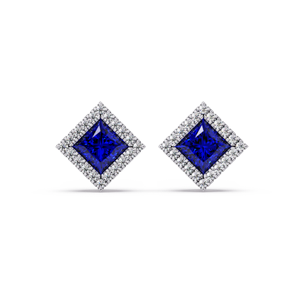 1.5 CTW Princess halo colorstone stud earrings in White gold with Sapphire Blue center stones