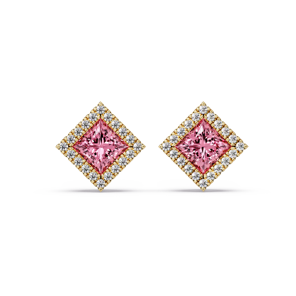 1.5 CTW Princess halo colorstone stud earrings in Gold with Tourmaline Pink center stones