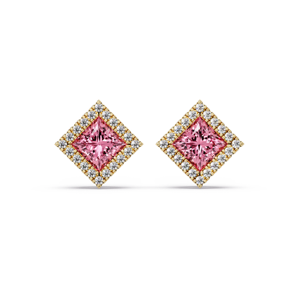 1.5 CTW Princess halo colorstone stud earrings in Gold with Tourmaline Pink center stones