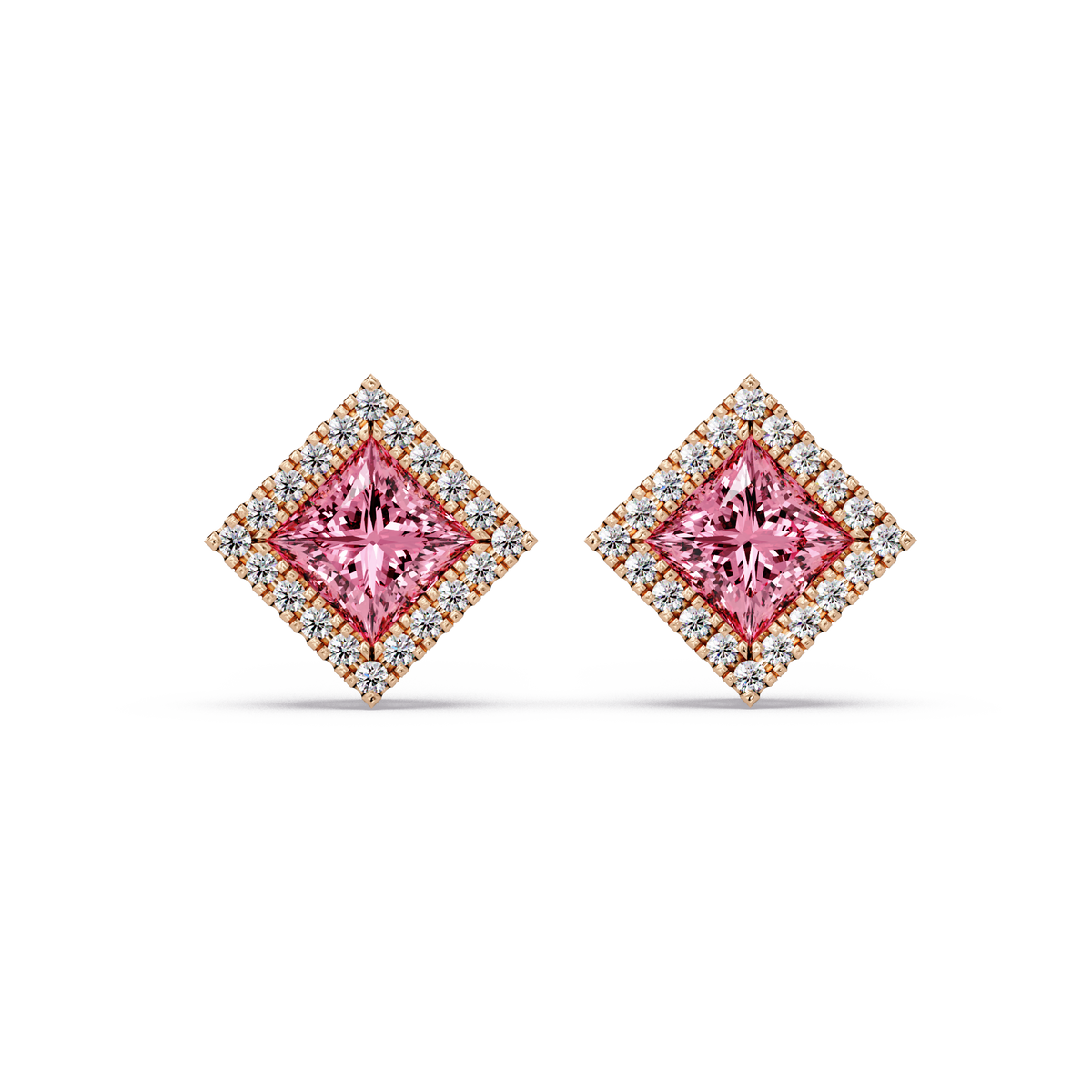 1.5 CTW Princess halo colorstone stud earrings in Rose gold with Tourmaline Pink center stones