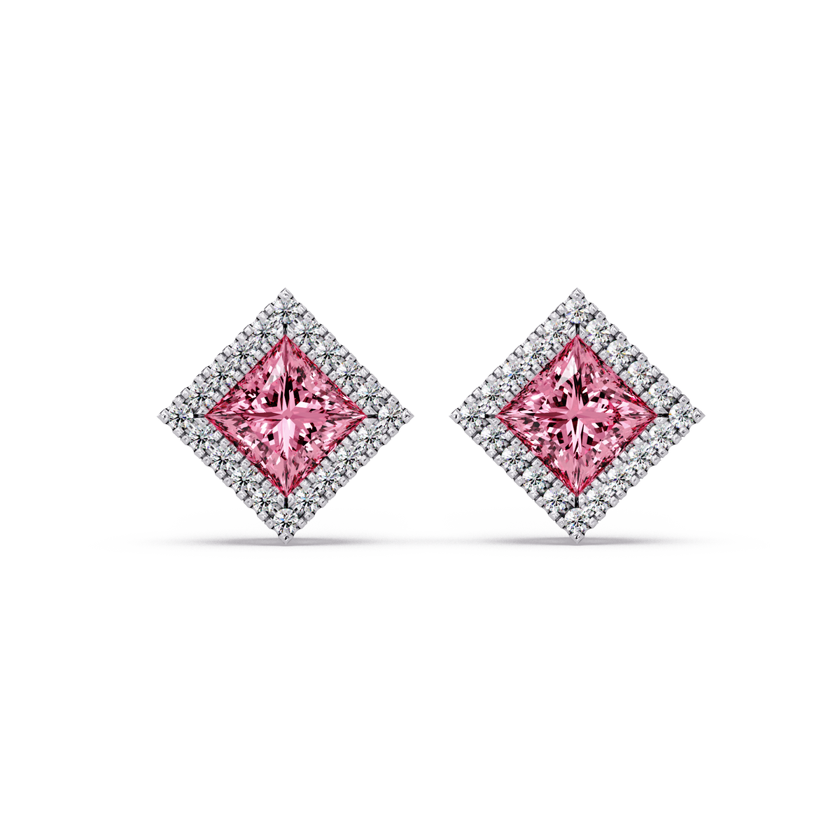 1.5 CTW Princess halo colorstone stud earrings in White gold with Tourmaline Pink center stones