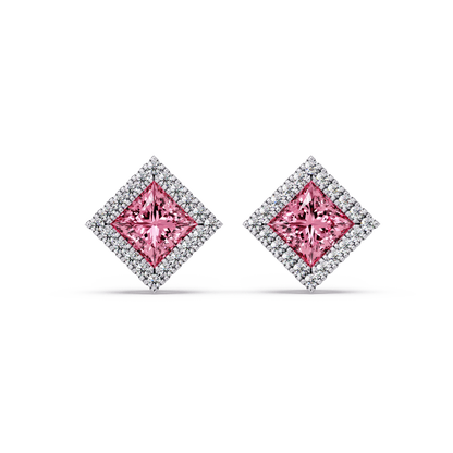 1.5 CTW Princess halo colorstone stud earrings in White gold with Tourmaline Pink center stones