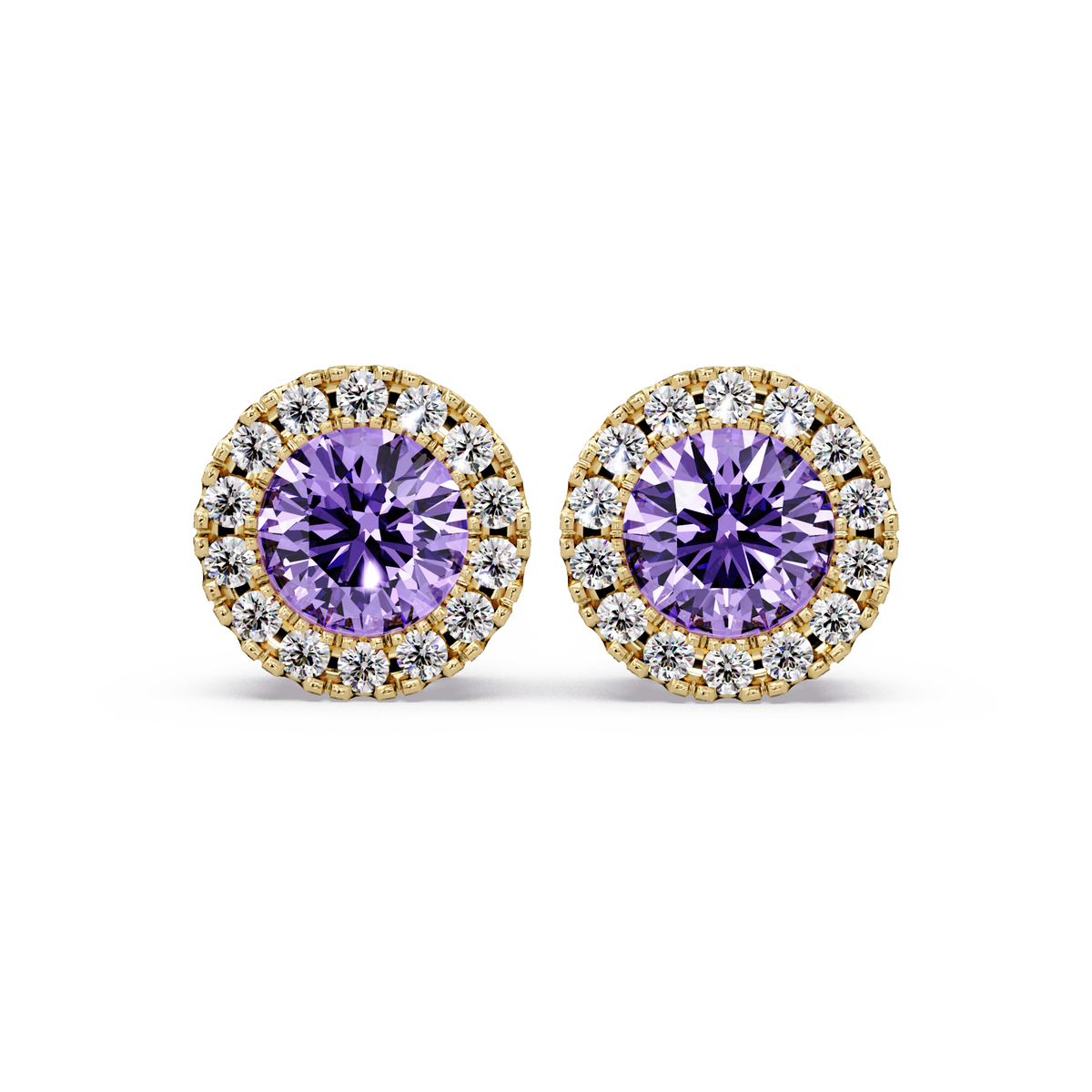 0.8 CTW Round Halo Colorstone Stud Earrings in Gold with Amethyst Purple center stones