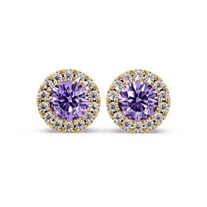 0.8 CTW Round Halo Colorstone Stud Earrings in Gold with Amethyst Purple center stones