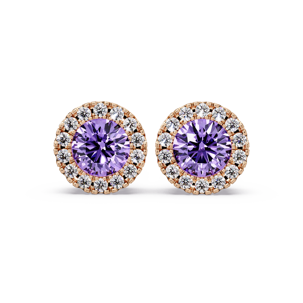 0.8 CTW Round Halo Colorstone Stud Earrings in Rose gold with Amethyst Purple center stones
