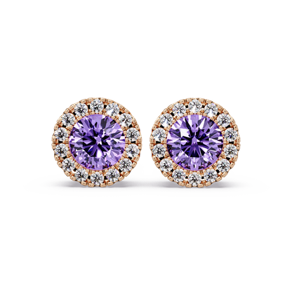 0.8 CTW Round Halo Colorstone Stud Earrings in Rose gold with Amethyst Purple center stones