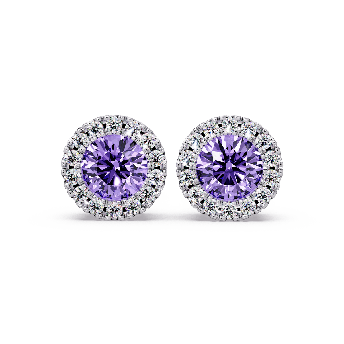 0.8 CTW Round Halo Colorstone Stud Earrings in White gold with Amethyst Purple center stones