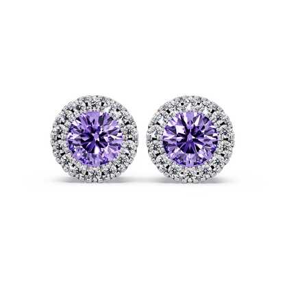 0.8 CTW Round Halo Colorstone Stud Earrings in White gold with Amethyst Purple center stones