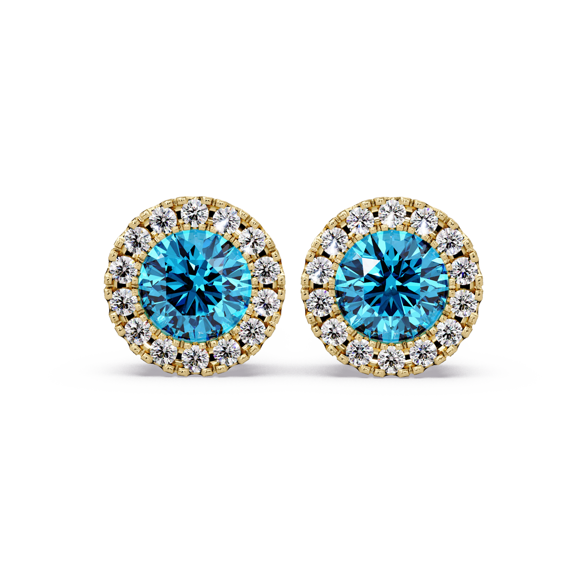 0.8 CTW Round Halo Colorstone Stud Earrings in Gold with Aquamarine Blue center stones