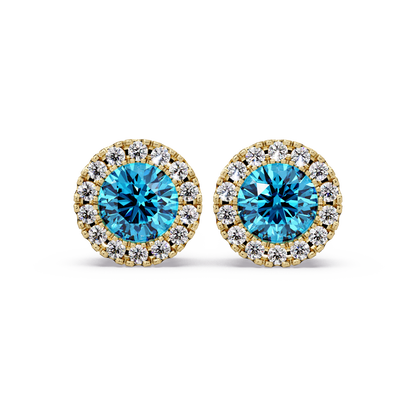 0.8 CTW Round Halo Colorstone Stud Earrings in Gold with Aquamarine Blue center stones