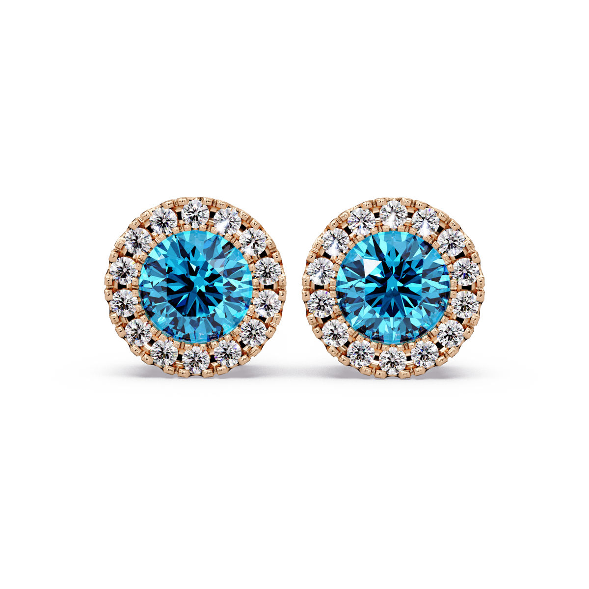 0.8 CTW Round Halo Colorstone Stud Earrings in Rose gold with Aquamarine Blue center stones