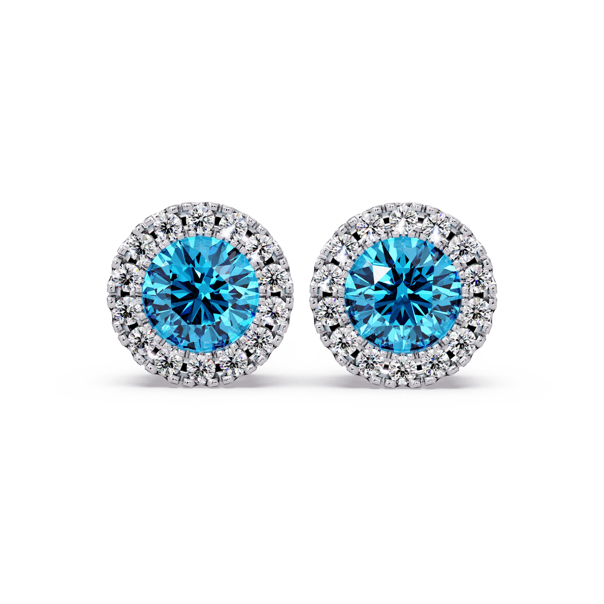 0.8 CTW Round Halo Colorstone Stud Earrings in White gold with Aquamarine Blue center stones