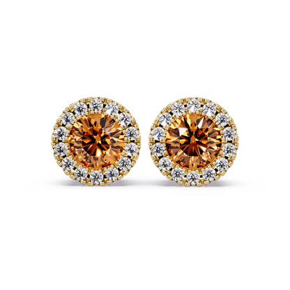 0.8 CTW Round Halo Colorstone Stud Earrings in Gold with Champagne Topaz center stones