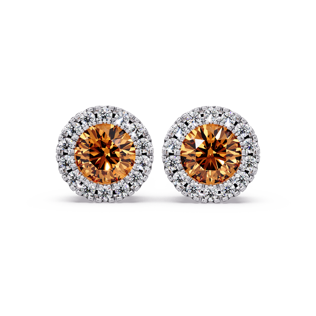 0.8 CTW Round Halo Colorstone Stud Earrings in White gold with Champagne Topaz center stones