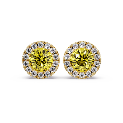 0.8 CTW Round Halo Colorstone Stud Earrings in Gold with Citrine Yellow center stones