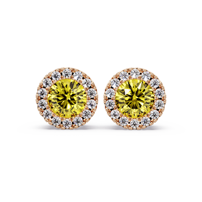 0.8 CTW Round Halo Colorstone Stud Earrings in Rose gold with Citrine Yellow center stones