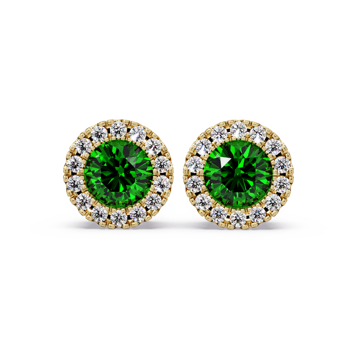0.8 CTW Round Halo Colorstone Stud Earrings in Gold with Emerald Green center stones