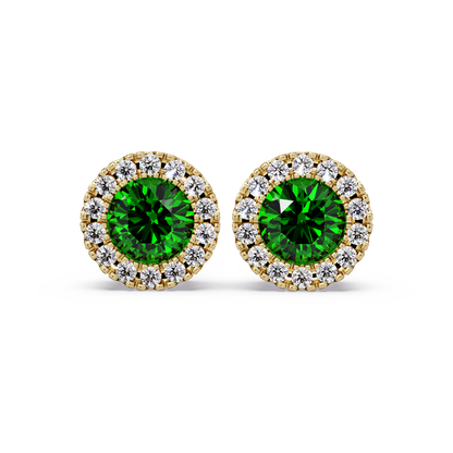 0.8 CTW Round Halo Colorstone Stud Earrings in Gold with Emerald Green center stones