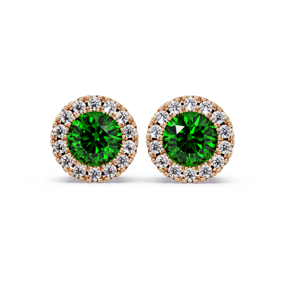 0.8 CTW Round Halo Colorstone Stud Earrings in Rose gold with Emerald Green center stones