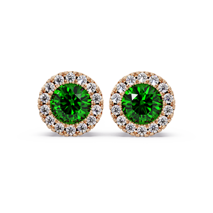 0.8 CTW Round Halo Colorstone Stud Earrings in Rose gold with Emerald Green center stones