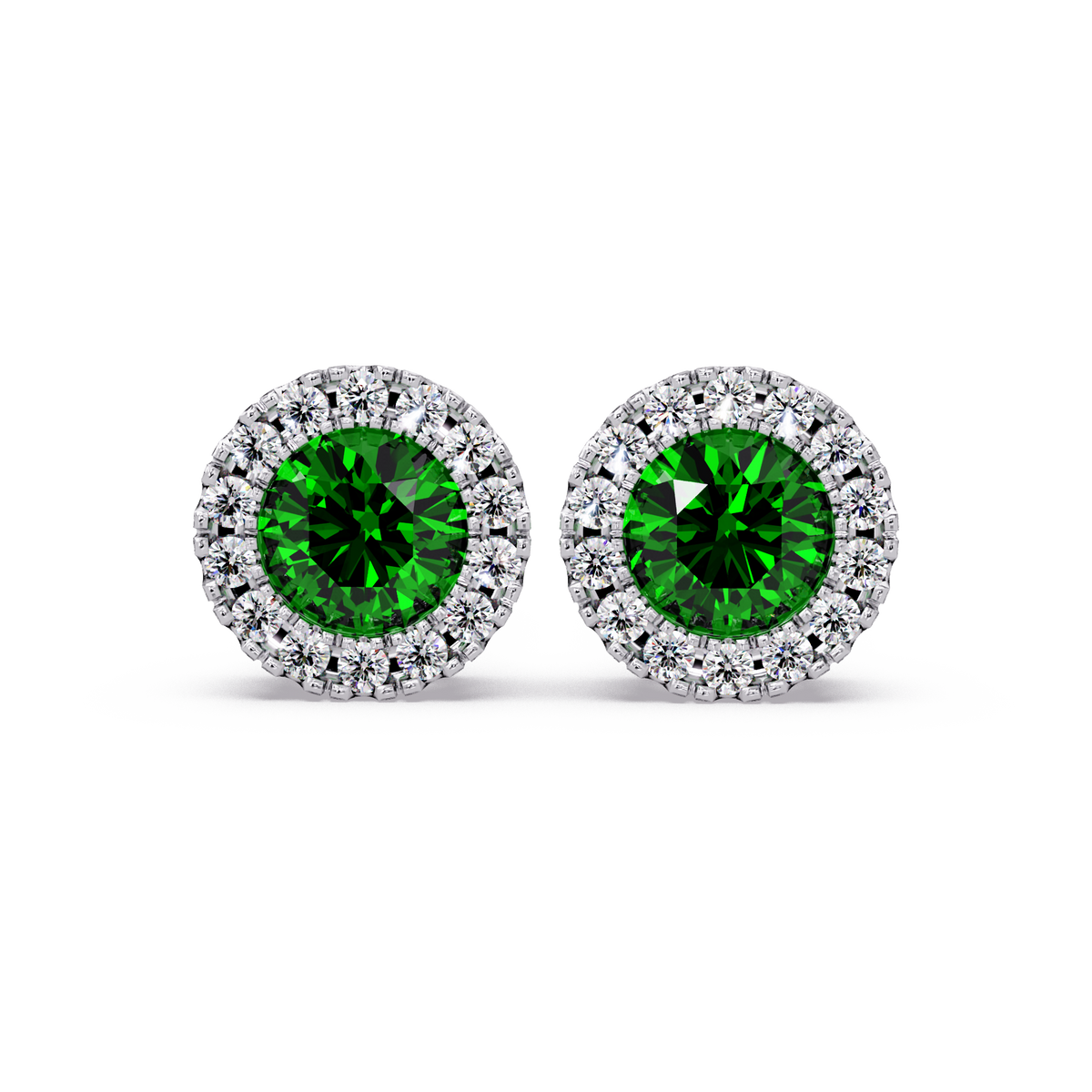 0.8 CTW Round Halo Colorstone Stud Earrings in White gold with Emerald Green center stones