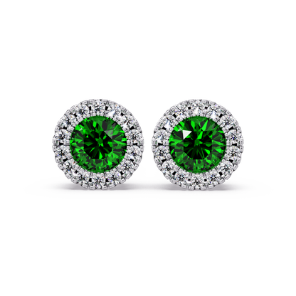0.8 CTW Round Halo Colorstone Stud Earrings in White gold with Emerald Green center stones