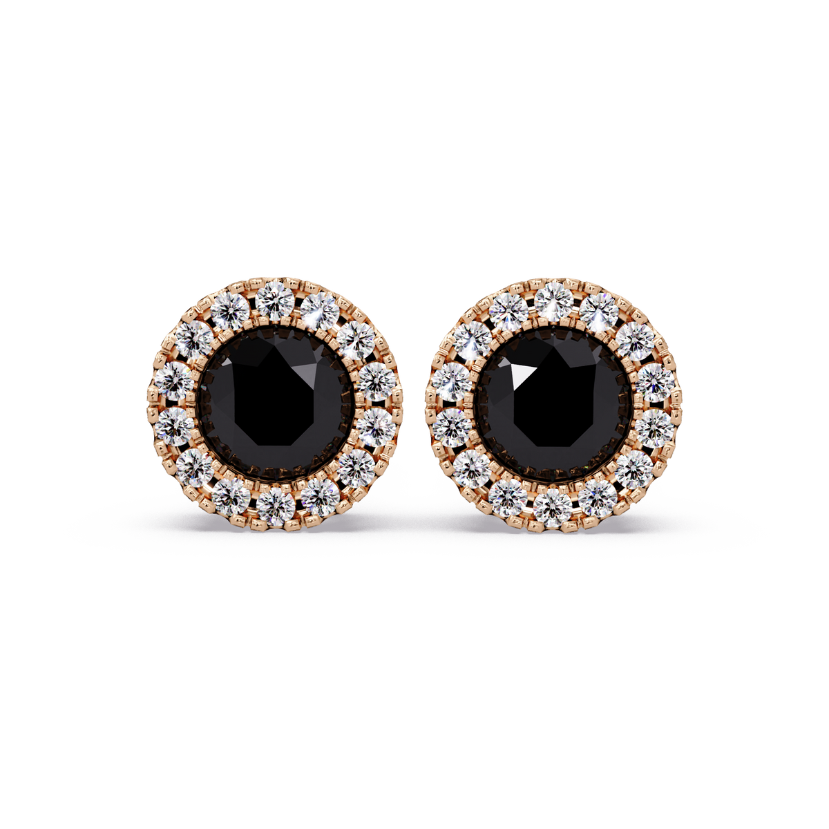 0.8 CTW Round Halo Colorstone Stud Earrings in Rose gold with Onyx center stones