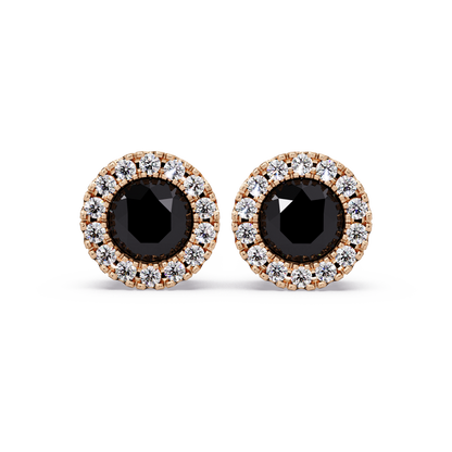 0.8 CTW Round Halo Colorstone Stud Earrings in Rose gold with Onyx center stones