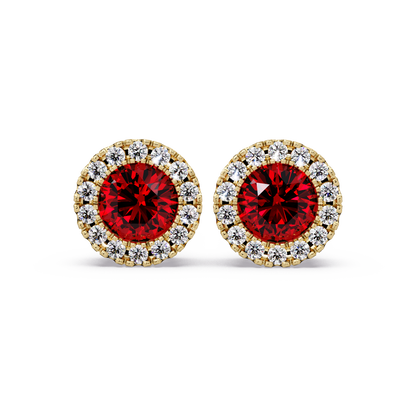 0.8 CTW Round Halo Colorstone Stud Earrings in Gold with Ruby Red center stones