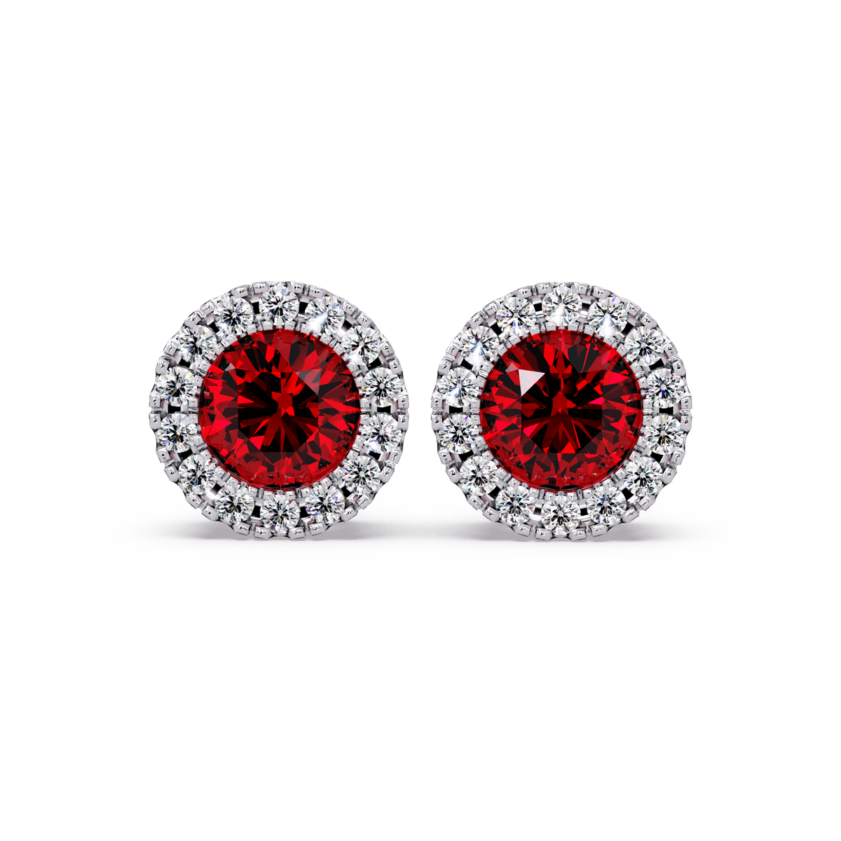 0.8 CTW Round Halo Colorstone Stud Earrings in White gold with Ruby Red center stones