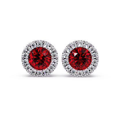 0.8 CTW Round Halo Colorstone Stud Earrings in White gold with Ruby Red center stones