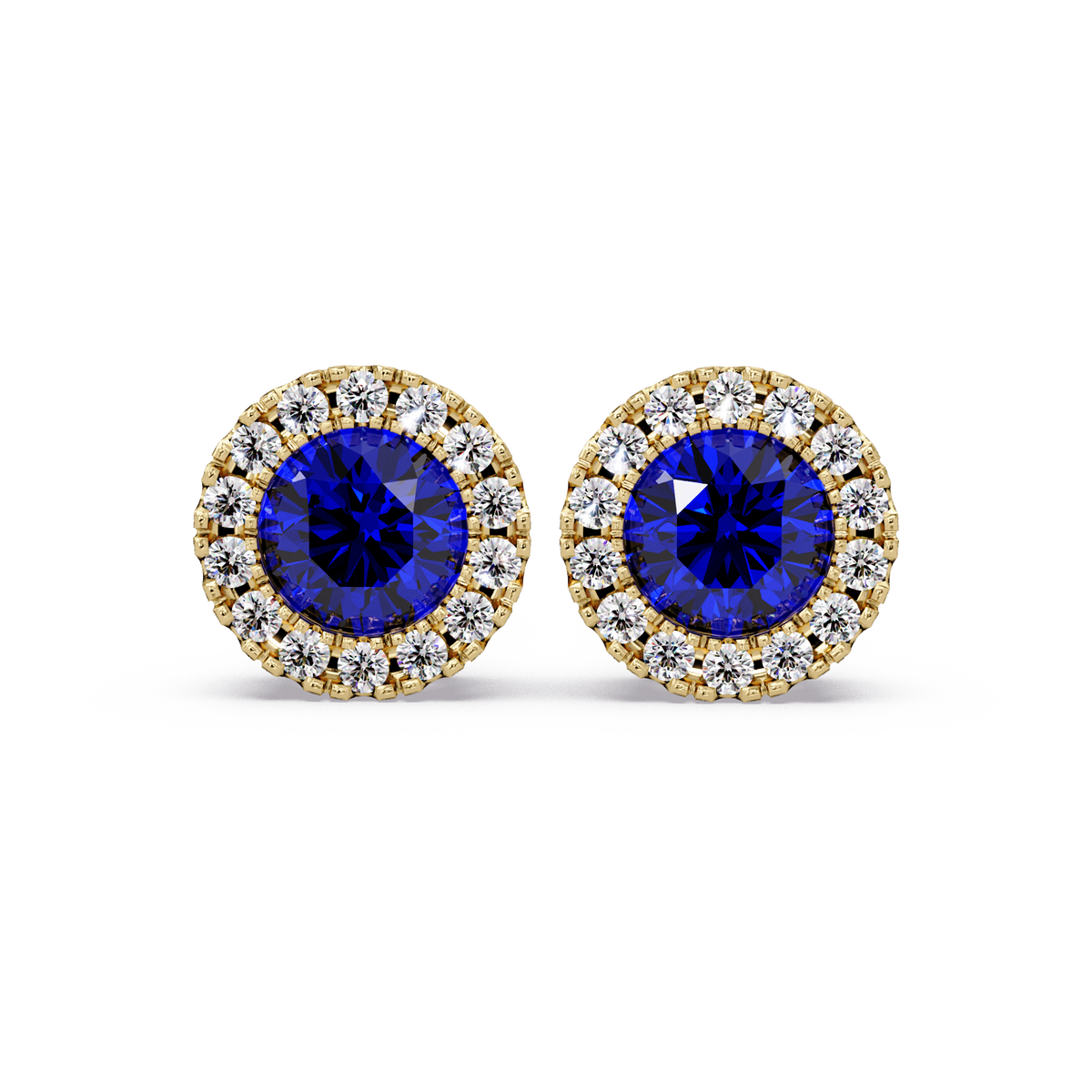 0.8 CTW Round Halo Colorstone Stud Earrings in Gold with Sapphire Blue center stones