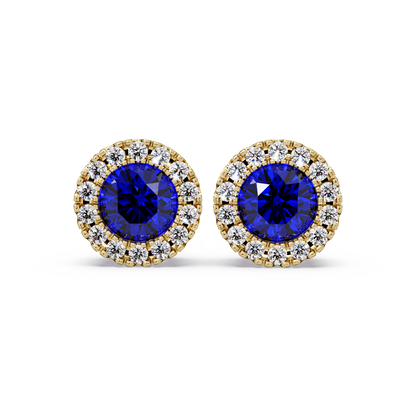 0.8 CTW Round Halo Colorstone Stud Earrings in Gold with Sapphire Blue center stones