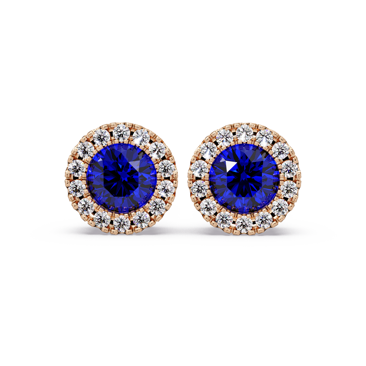 0.8 CTW Round Halo Colorstone Stud Earrings in Rose gold with Sapphire Blue center stones