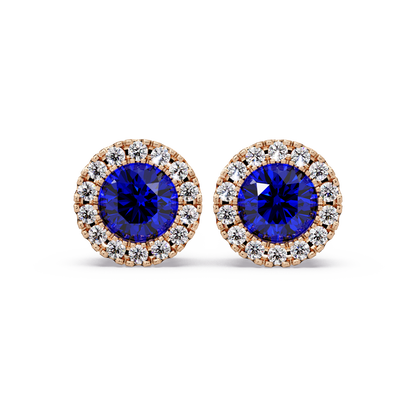 0.8 CTW Round Halo Colorstone Stud Earrings in Rose gold with Sapphire Blue center stones