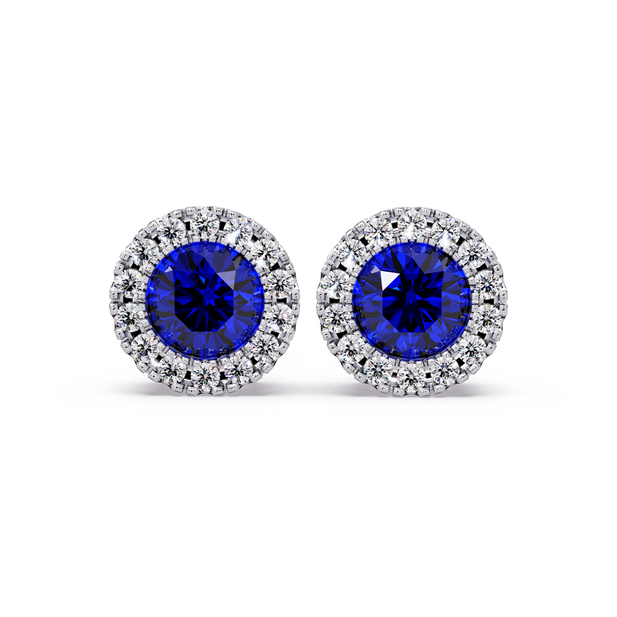 0.8 CTW Round Halo Colorstone Stud Earrings in White gold with Sapphire Blue center stones