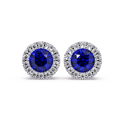 0.8 CTW Round Halo Colorstone Stud Earrings in White gold with Sapphire Blue center stones
