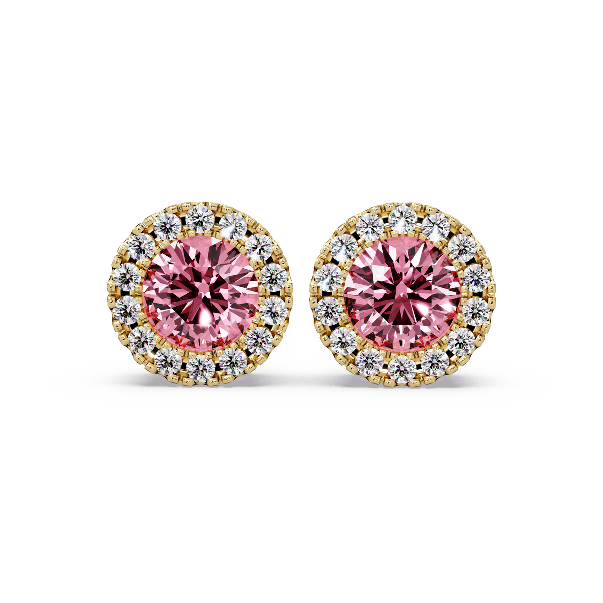 0.8 CTW Round Halo Colorstone Stud Earrings in Gold with Tourmaline Pink center stones