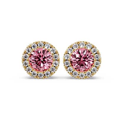 0.8 CTW Round Halo Colorstone Stud Earrings in Gold with Tourmaline Pink center stones